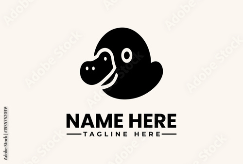 A black and white illustration of a smiling animal head with placeholder text for a logo or brand name on a plain background, featuring a vector graphic design with simple lines and shapes.