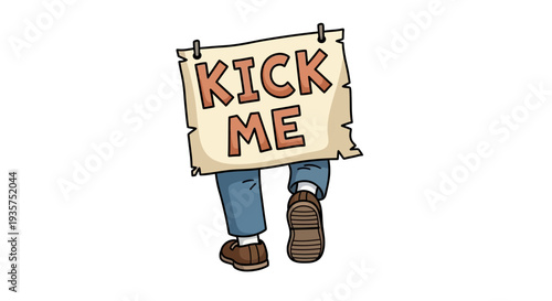 Cartoon character holding humorous sign saying kick me