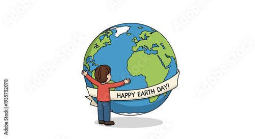 Child embracing Earth with Happy Earth Day banner