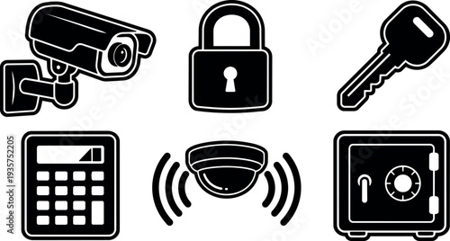 Flat design security icon set close up surveillance camera dome keypad padlock key safe minimal monochrome vector on white background