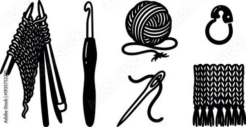 Line art close up of knitting needles crochet hook and yarn ball with swatch and stitch marker in black silhouette