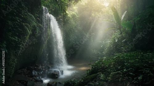 Waterfall Cascading in Lush Jungle with Bright Sun Rays