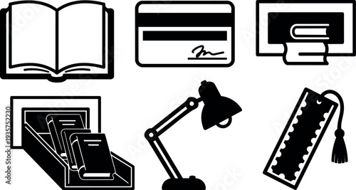 Minimalist line art book icons open book credit card ebook library shelf desk lamp bookmark set reading education study stationery