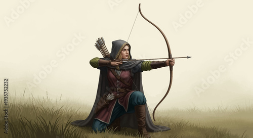 Female archer in medieval attire aiming bow in grassy field