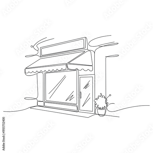 Minimalist line art of a small storefront with awning and potted plant, no editable stroke