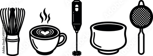 Flat vector coffee and matcha tools set showing bamboo whisk latte cup hand frother tea bowl and strainer in black