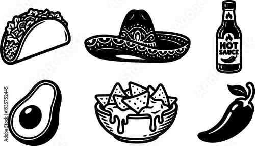 Minimalist line art mexican food icon set taco sombrero avocado nachos hot sauce and chili pepper flat vector display collection