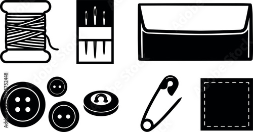 Flat design vector close up sewing kit icons showing spool needles buttons safety pin envelope and square patch minimal black