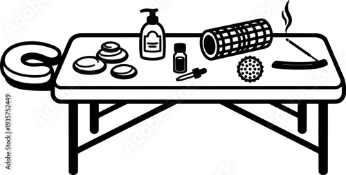 Minimalist line art monochrome vector massage table with hot stones oil bottle roller incense towel and spa accessories top view