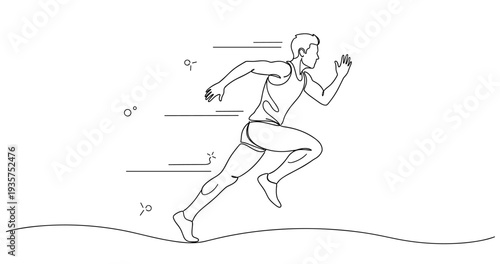 Line art of young caucasian male athlete sprinting in dynamic pose, no editable stroke
