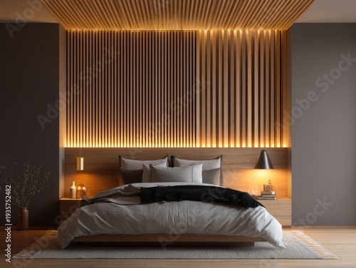Modern bedroom features warm wooden slats and ambient lighting. Dark grey walls contrast with soft bedding and minimalist decor. Candles and lamps add cozy, intimate lighting accents