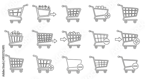 Shopping Cart Icons Set Line Art.
