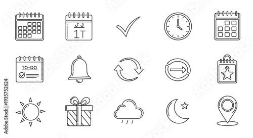 Hand Drawn Icons Representing Time Events and Weather.