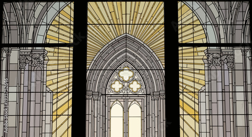 Stunning stained glass window with golden light in gothic architecture