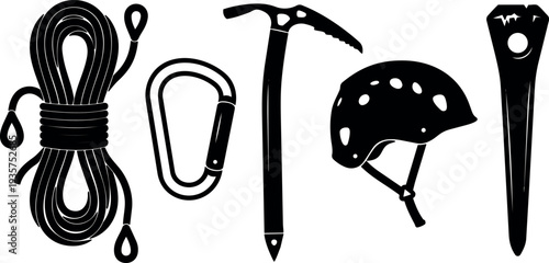Minimalist icon set showing coiled rope carabiner ice axe climbing helmet and piton flat vector equipment silhouettes in bold black