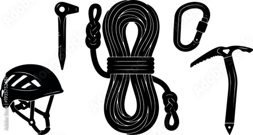 Silhouette vector coiled climbing rope helmet carabiner piton ice axe close up side view flat black gear isolated simple illustration