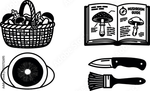 Line art mushroom foraging icon set showing basket book spore print knife brush and close up cap in monochrome vector