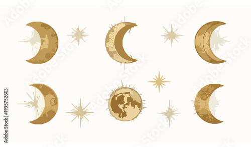 Ornamental gold moon phases with sparkling stars decorative vector set isolated on white EPS 10