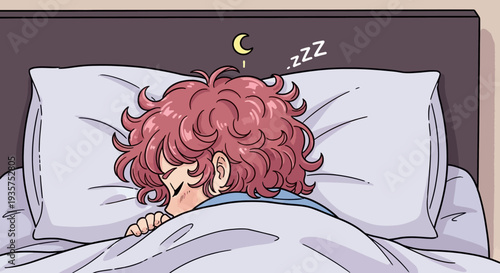 A cartoon woman peacefully sleeping in bed at night