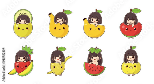 A colorful illustration of cartoon characters with various fruits