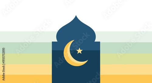 Ramadan Kareem Night Illustration with Mosque, Lanterns, Crescent Moon and Iftar Dates