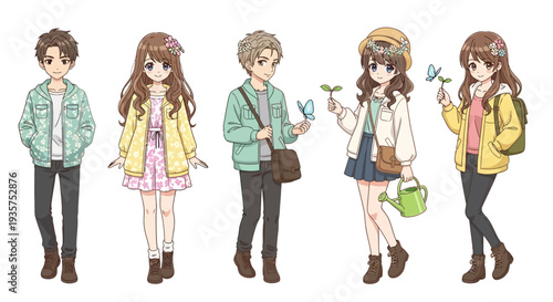 A group of young anime characters standing together in casual outfits