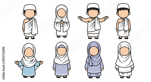 A group of cartoon children wearing traditional Islamic clothing