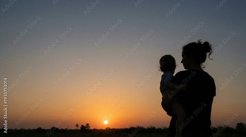 Fototapeta premium Silhouette of mother holding toddler at sunset with warm sky gradient and copy space, family love and motherhood bonding outdoors.