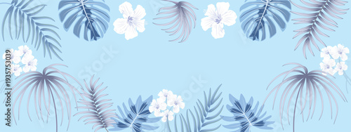 Tropical horizontal banner with decorative palm leaves, monstera and white flowers on blue background.