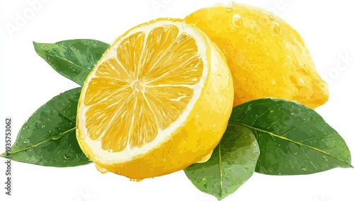 A vector illustration depicts a halved lemon and a whole one with fresh green leaves and water droplets
