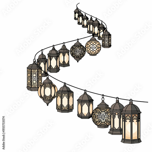 Ornate Lanterns Hanging from a String.