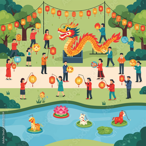 Vibrant Dragon Dance Performance in Park.