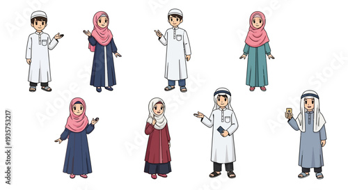 A diverse group of cartoon people wearing traditional Islamic clothing