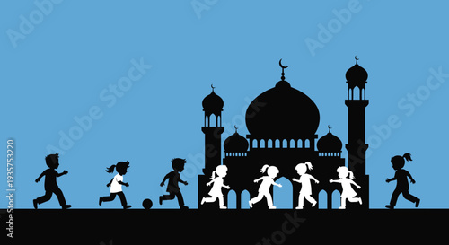 Ramadan Kareem Night Illustration with Mosque, Lanterns, Crescent Moon and Iftar Dates