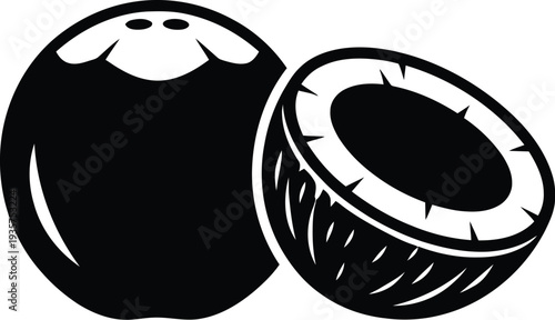 Black silhouette of whole and half cut coconut vector icon