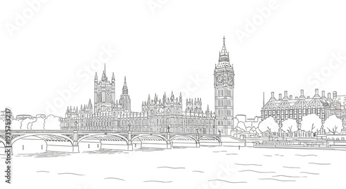 An intricate line art illustration captures the iconic Houses of Parliament and Big Ben, overlooking the River Thames in historic London.