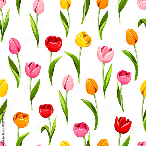 Seamless pattern with red, pink, orange, and yellow tulip flowers on a white background. Vector floral print