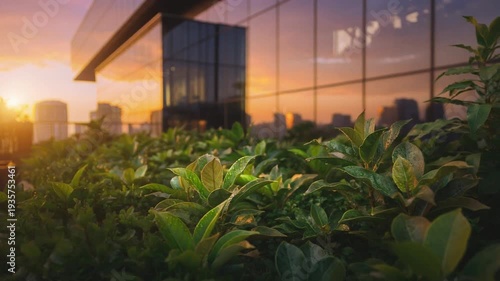 Greenery on Urban Rooftop with Sunset Light Reflecting on Modern Building