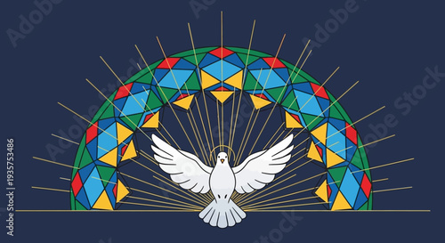 Vibrant dove of peace soaring under colorful stained glass rainbow