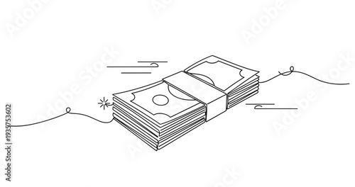 Line art of stacked dollar bills wrapped in elastic on a light background. No editable strokes