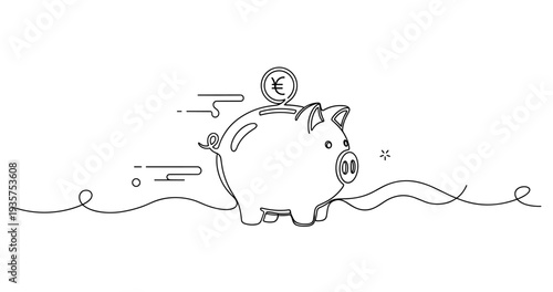 Minimalist piggy bank outline with yen coin symbolizing savings and wealth. No editable strokes