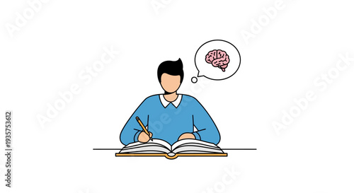 A man studies intently with a brain thought bubble