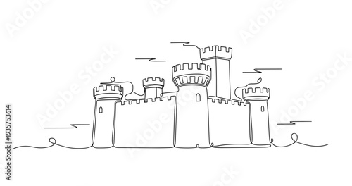 Line art of medieval castle with towers and walls. No editable strokes