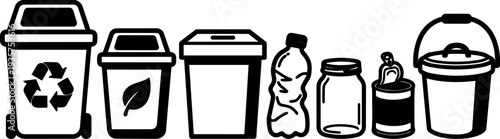 Flat line art row of recycling bins and waste containers showing plastic bottle jar can and compost bucket in outline