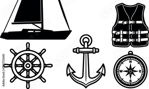 Minimalist nautical icon set sailboat anchor compass ship wheel and life jacket flat vector art black line isolated stylized outline