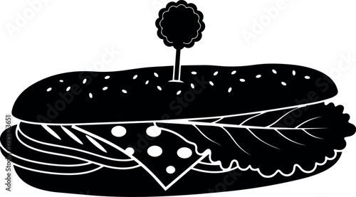 Minimalist vector sandwich side view with leaf lettuce cheese slices toothpick top bun sesame seeds bold silhouette black monochrome illustration