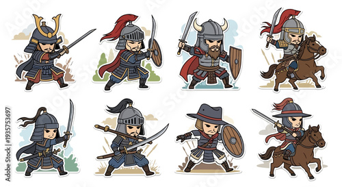 A group of cartoon samurai warriors in various fighting poses