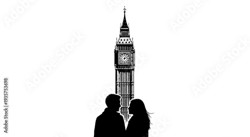 A romantic silhouette of a couple stands intimately before the iconic Elizabeth Tower, known as Big Ben, in London, symbolizing travel and enduring connection.