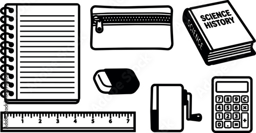 Line art flat design collection of school supplies spiral notebook pencil case ruler eraser sharpener calculator science history book icons