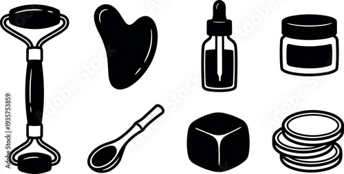Minimalist vector flat design skincare tools set jade roller gua sha dropper bottle cream jar spoon balm cube cotton pads